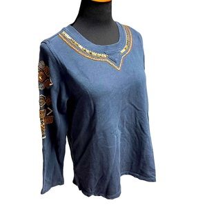 Soft Surroundings crewneck beaded cotton blend sweatshirt blue, bronze sz S